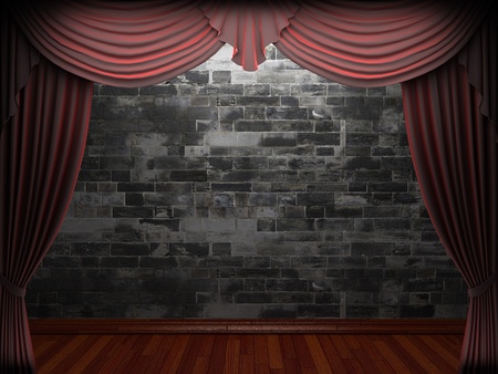 Red velvet curtain opening scene made in 3dの写真素材