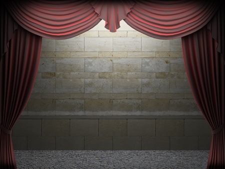 Red velvet curtain opening scene made in 3dの写真素材