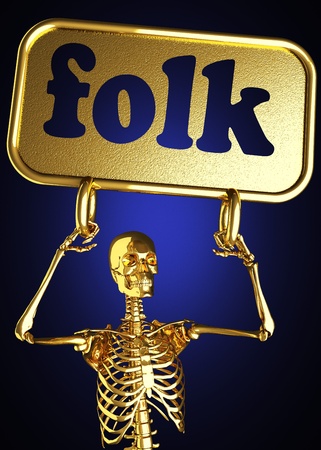 Golden skeleton holding the sign made in 3Dの写真素材