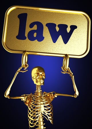 Golden skeleton holding the sign made in 3Dの写真素材