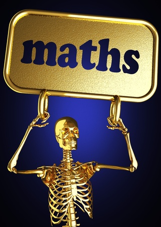 Golden skeleton holding the sign made in 3Dの写真素材
