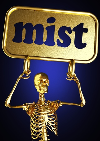 Golden skeleton holding the sign made in 3Dの写真素材