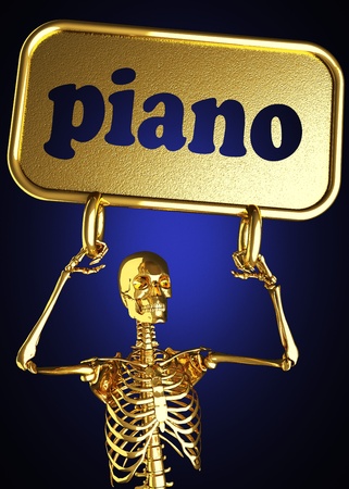 Golden skeleton holding the sign made in 3Dの写真素材