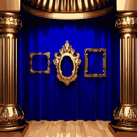 vector golden frame and blue curtain stageのイラスト素材