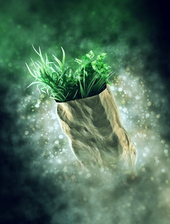 food paper grocery bag in smoke with bokehの写真素材