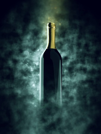Bottle of wine in smoke with bokehの写真素材