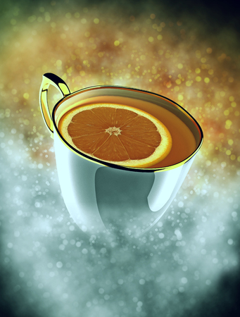 cup of tea in smoke with bokehの写真素材