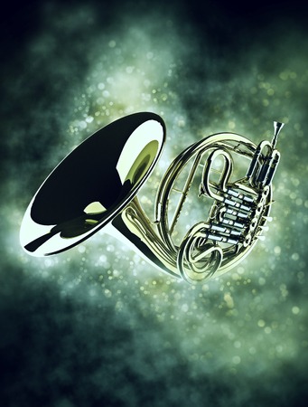 brass trumpet in smoke with bokehの写真素材