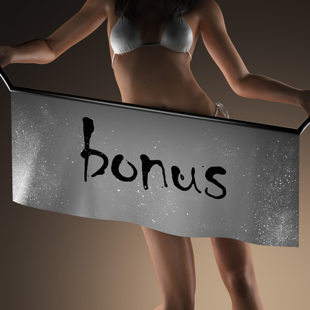 bonus word on banner and bikiny womanの写真素材