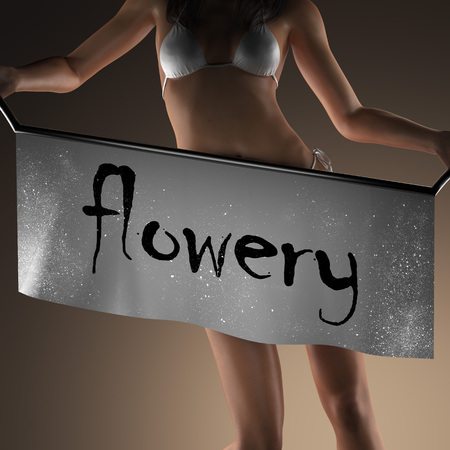 flowery word on banner and bikiny womanの写真素材