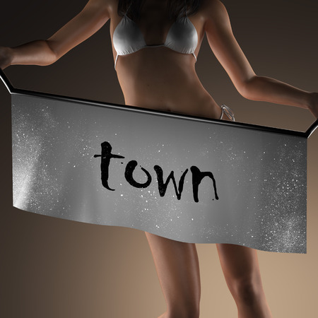 town word on banner and bikiny womanの写真素材