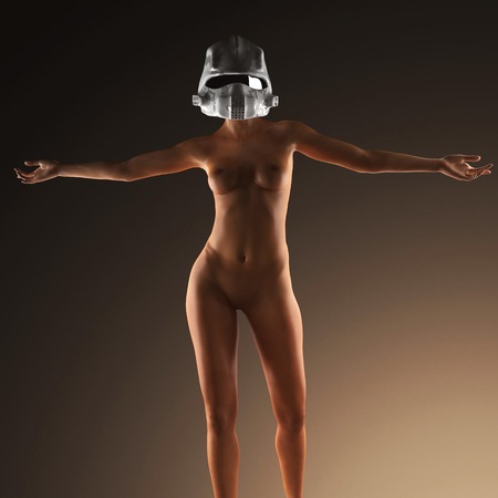 Beautiful naked young woman with futuristic helmetの写真素材