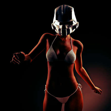 Beautiful young woman with futuristic helmet and bikiniの写真素材