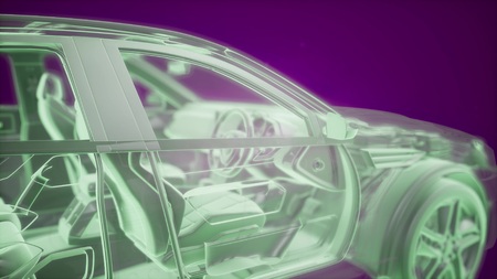 Holographic animation of 3D wireframe car model with engine and otter technical partsの写真素材