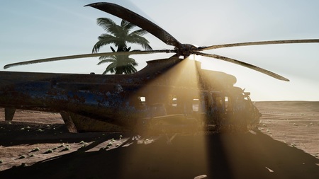 old rusted military helicopter in the desert