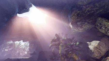 sun light inside mysterious tone cave with fog