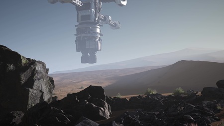 alien spaceship rotate over desert. ufo landscape. ufo