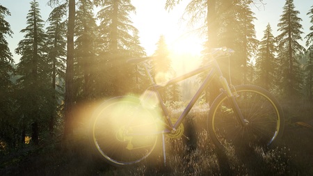 bicycle in mountain forest at sunsetの写真素材