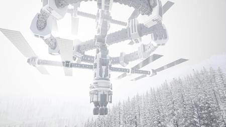 alien ufo at Earth in mountains with pines and snowの写真素材