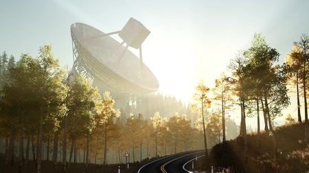 The observatory radio telescope in forest at sunsetの写真素材