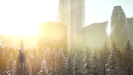 sity and forest in snow at sunriseの写真素材