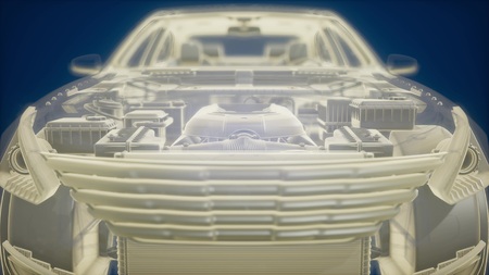 Holographic animation of 3D wireframe car model with engine and otter technical partsの写真素材