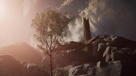 Mountain landscape at sunset. Amazing view from the mountain peak on rocks, low clouds, blue sky in the eveningの写真素材