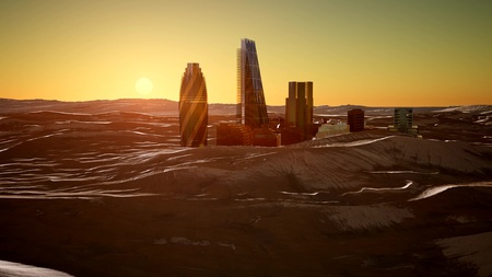 city skyscrapes in desert at sunsetの写真素材