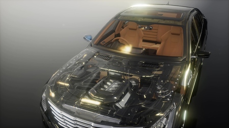 engine and other parts visible in car