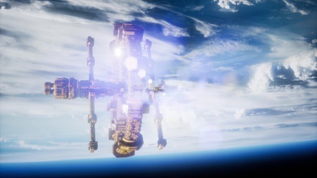 Highly detailed huge spaceship approaching to the Earth
