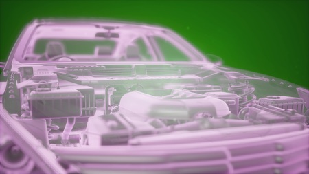 Holographic animation of 3D wireframe car model with engine and otter technical parts