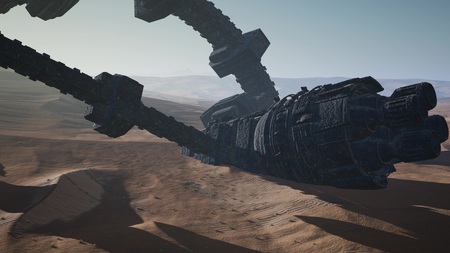 old rusted alien spaceship in desert landscape. ufo