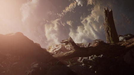 Mountain landscape at sunset. Amazing view from the mountain peak on rocks, low clouds, blue sky in...