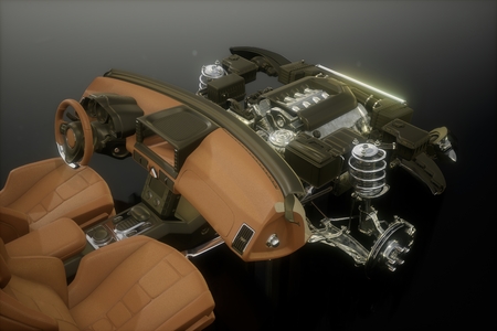 engine and other parts visible in car