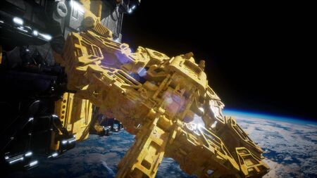 highly detailed huge spaceship approaching to the Earth.の写真素材