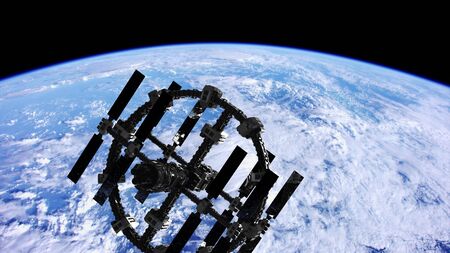 International Space Station in outer space over the planet Earth. Elements of this image furnished by NASA.の写真素材