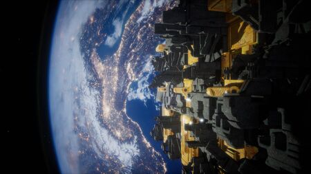 spaceship with view on space and planet Earth 3D rendering