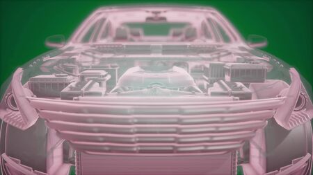 Holographic animation of 3D wireframe car model with engine and otter technical partsの写真素材