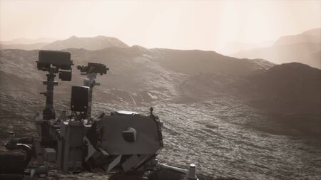 Curiosity Mars Rover exploring the surface of red planetの写真素材
