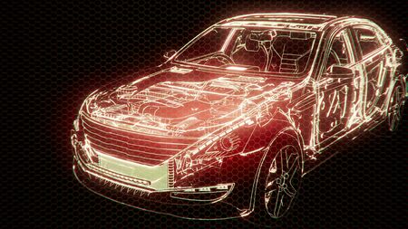 Holographic animation of 3D wireframe car model with engine and otter technical partsの写真素材