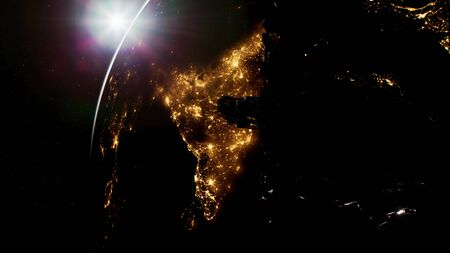 Flight Of Space Station On The Background Of The Rising Sun. 3D Animation.の写真素材