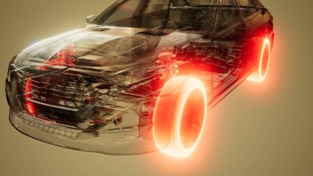 car wheels glowing visible in transparent car