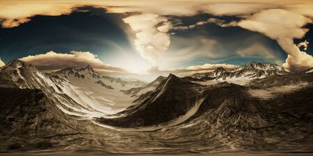 rays of sunset on the tops of the mountains on a sunny day. vr360 virtual reality