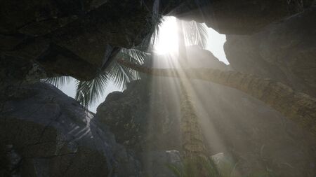 Big Palms in Stone Cave with Rays of Sunlightの写真素材