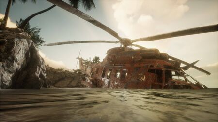 old rusted military helicopter near the island