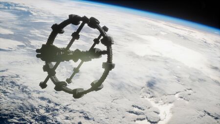 A view of the Earth and a spaceship. International space station is orbiting the Earth