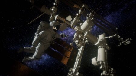 Astronaut outside the International Space Station on a spacewalk.の写真素材