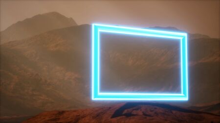 Neon Portal on Mars Planet Surface With Dust Blowingの写真素材