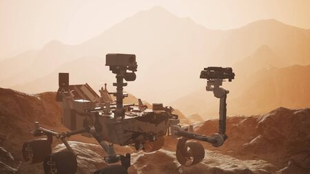Curiosity Mars Rover exploring the surface of red planet.の写真素材