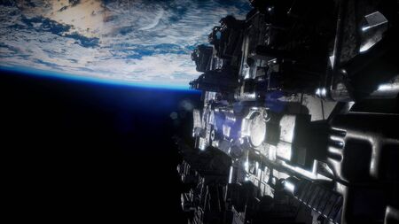 Alien UFO near Earth, like spaceship armada, for futuristic, fantasy or interstellar deep space travel backgrounds.の写真素材